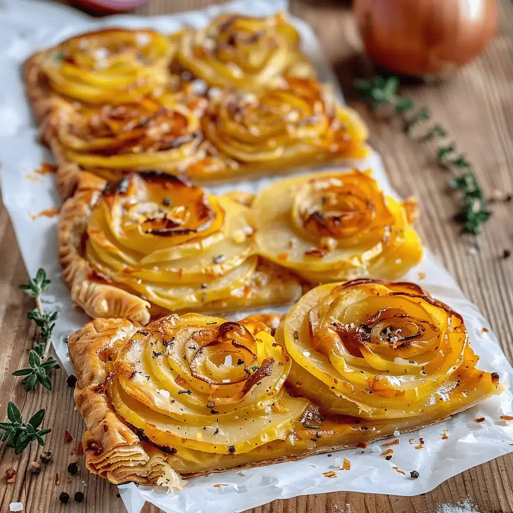 caramelized potato onion puff pastry tart - featured image