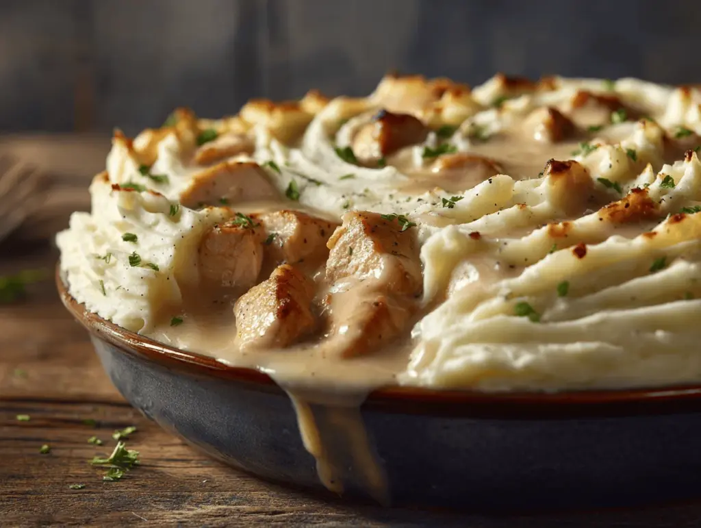 creamy chicken and gravy mashed potato pie - featured image