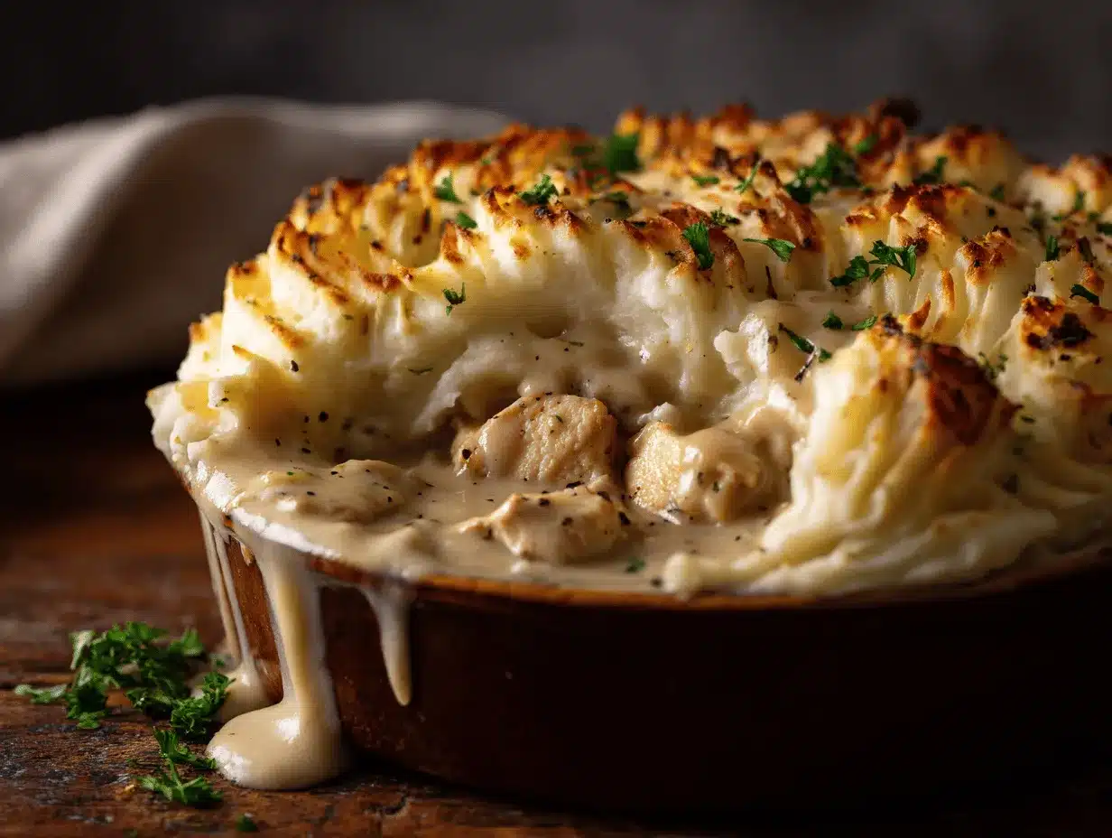 creamy chicken and gravy mashed potato pie preparation steps