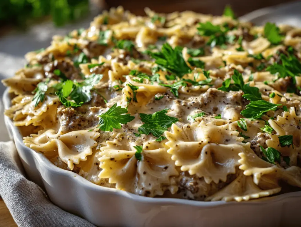 creamy Parmesan garlic beef bowtie pasta pie - featured image