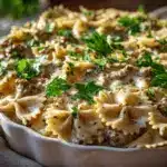 creamy Parmesan garlic beef bowtie pasta pie - featured image