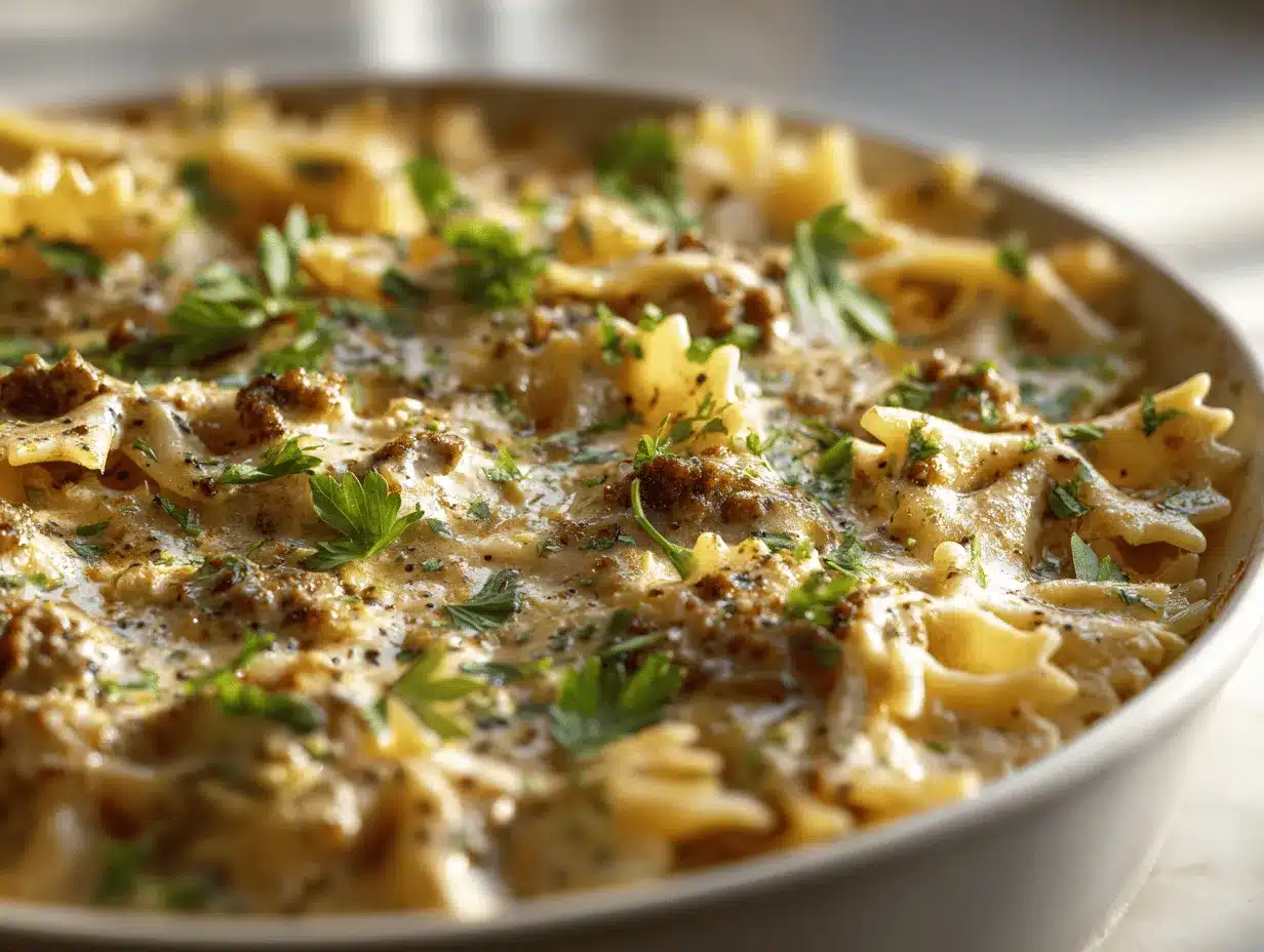 creamy Parmesan garlic beef bowtie pasta pie preparation steps