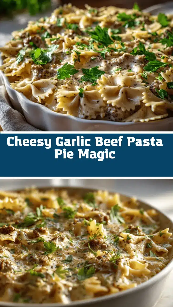 creamy Parmesan garlic beef bowtie pasta pie recipe