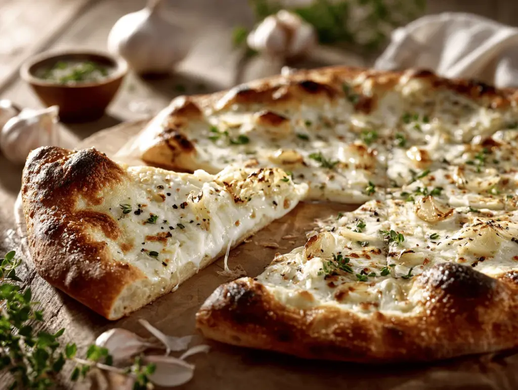 creamy roasted garlic white pizza pie - featured image