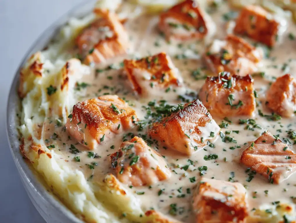 salmon and garlic cream mashed potato pie - featured image