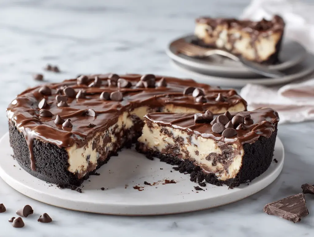 triple layer chocolate chip cheesecake pie - featured image