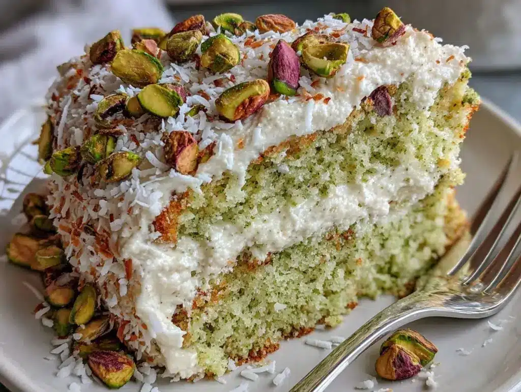 coconut pistachio pudding cake - featured image