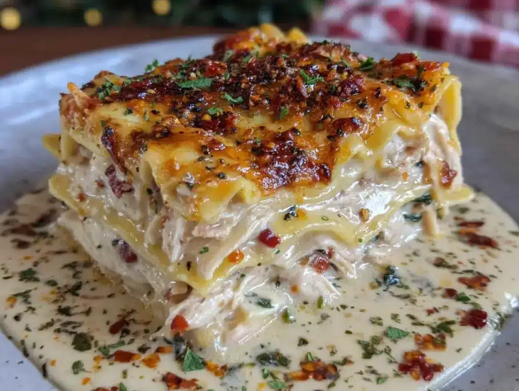 creamy chicken alfredo lasagna - featured image