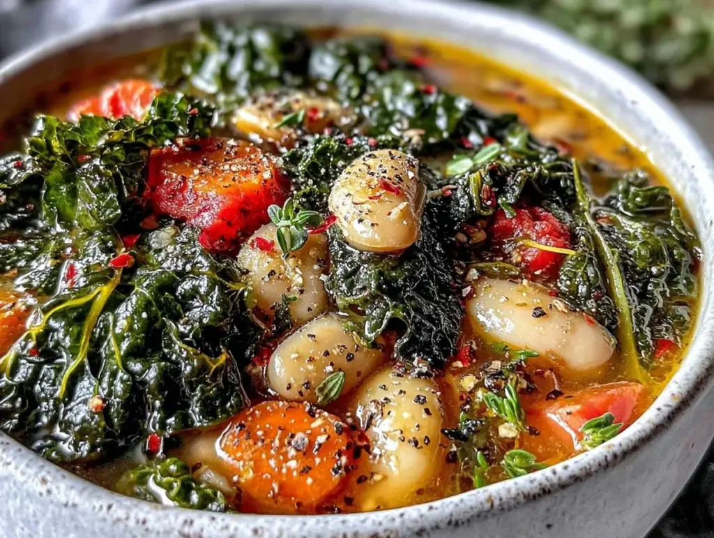 cozy hearty kale and white bean soup - featured image