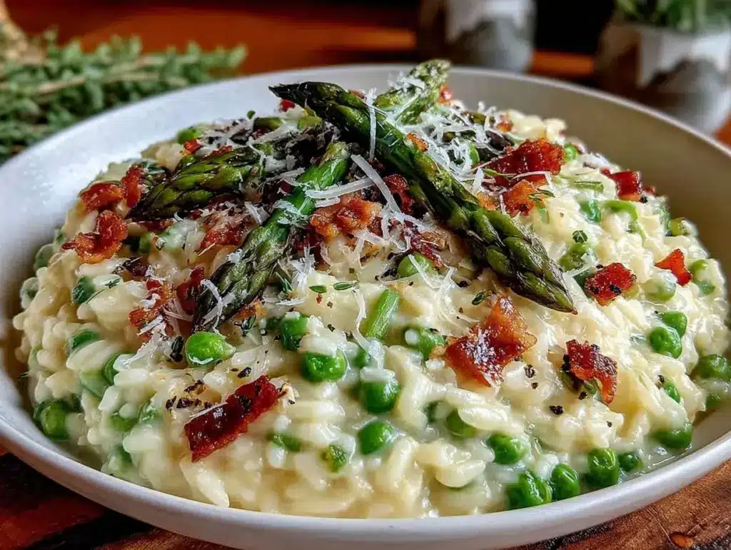 creamy asparagus and pea parmesan risotto - featured image