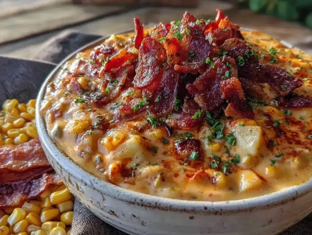 creamy corn chowder with crispy bacon - featured image
