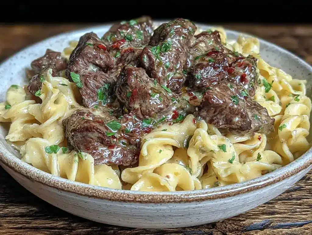creamy crockpot beef stroganoff - featured image