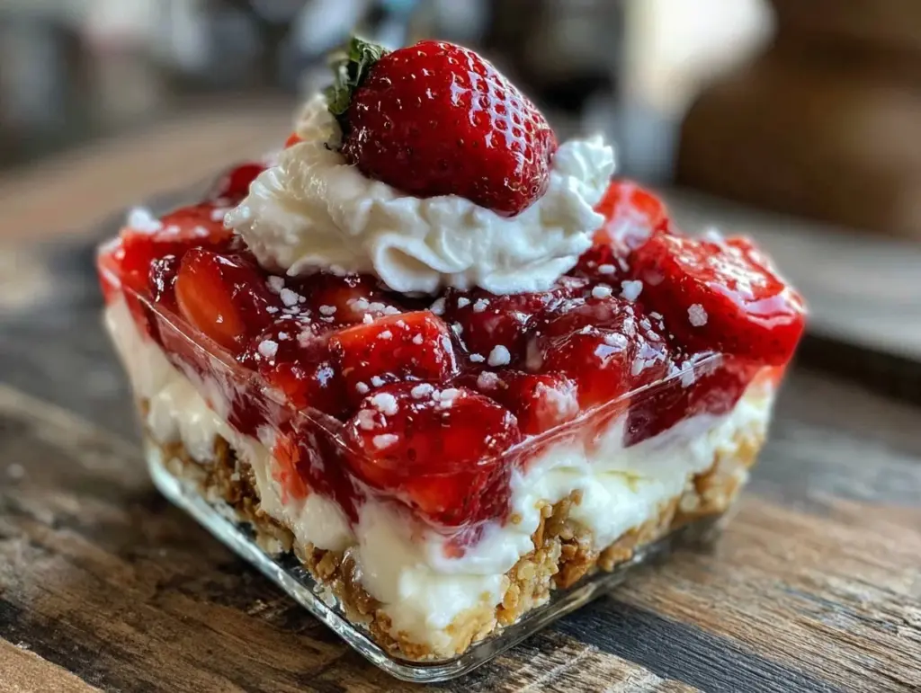 creamy strawberry pretzel salad dessert - featured image