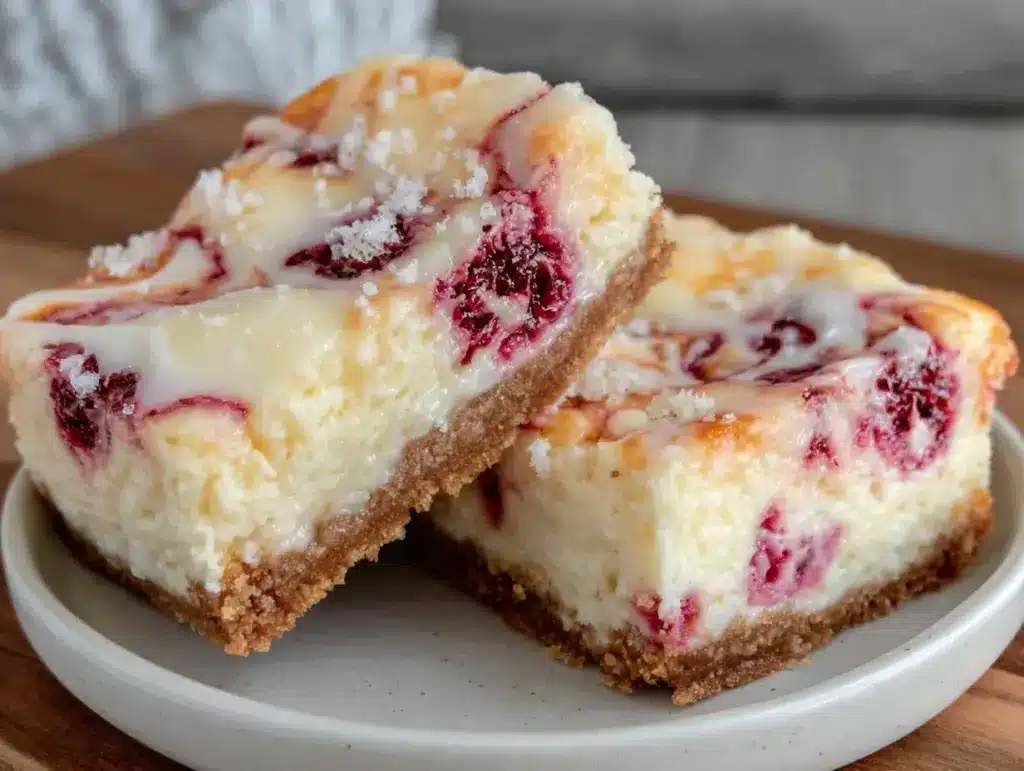 creamy white chocolate raspberry cheesecake bars - featured image