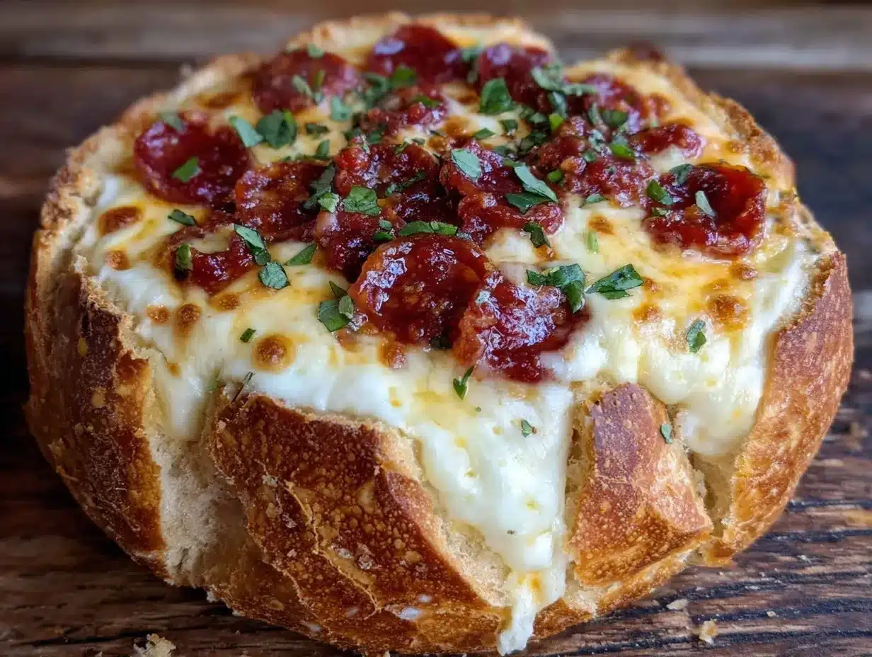 crispy pizza dip in bread bowl preparation steps