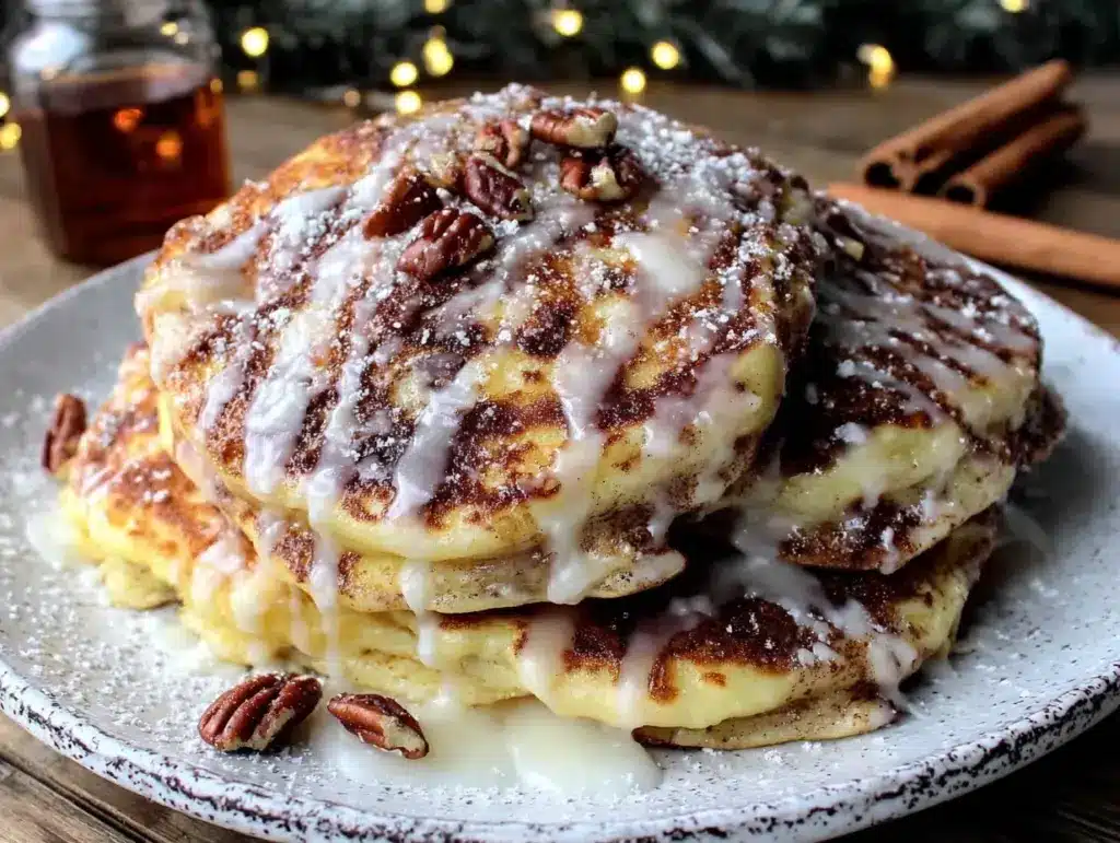 fluffy cinnamon roll pancakes - featured image
