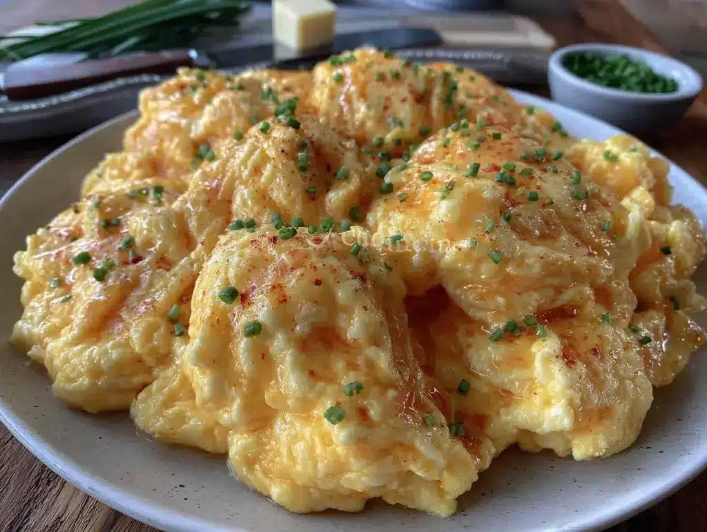 fluffy scrambled eggs with fresh chives - featured image