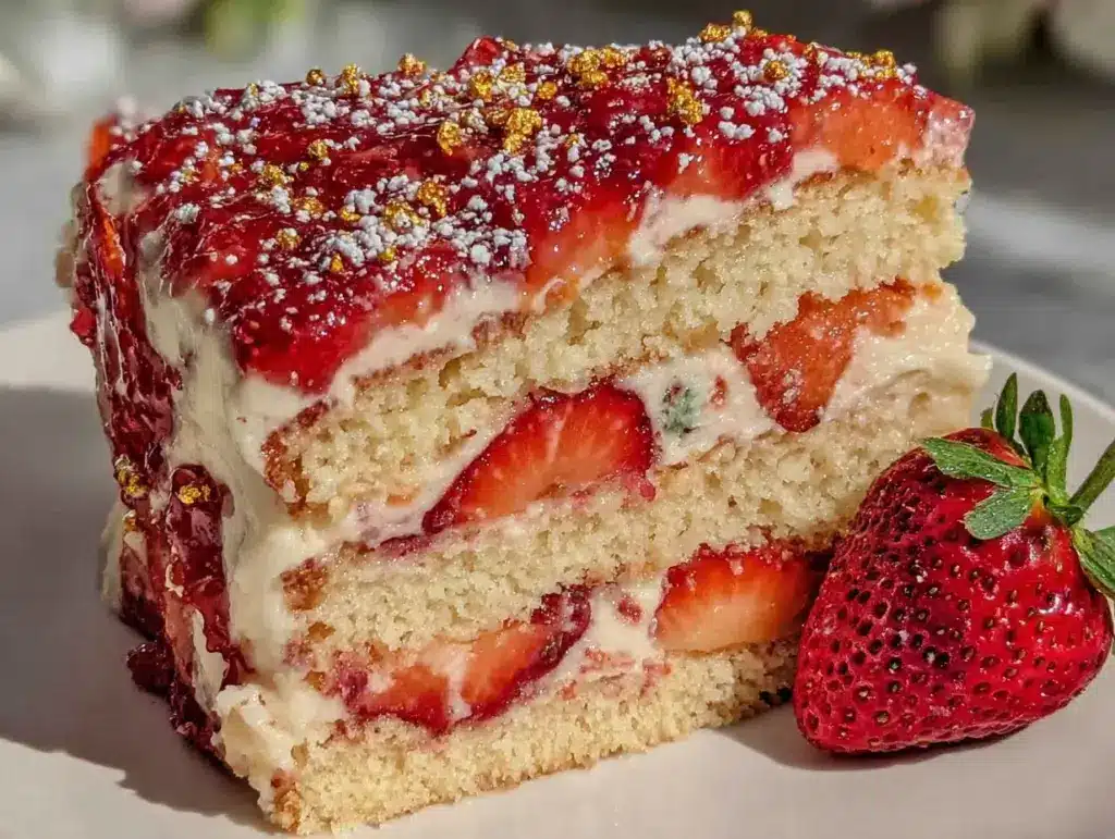 fluffy strawberry champagne cake - featured image