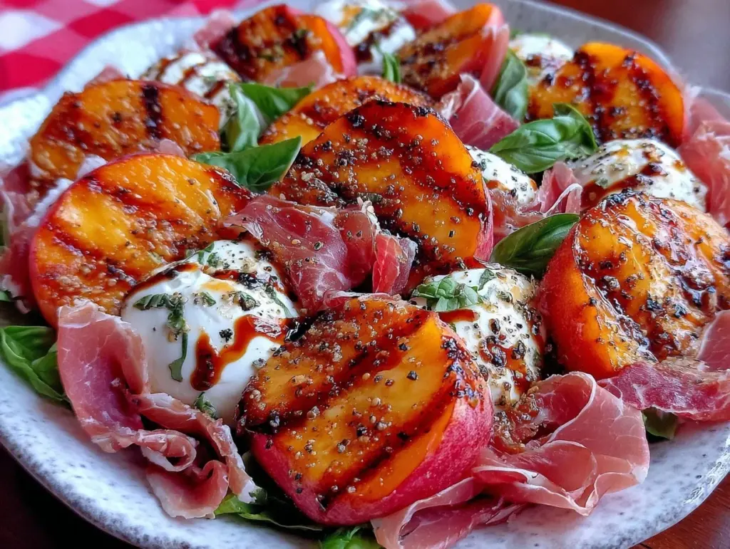 fresh grilled peach and burrata salad with prosciutto - featured image