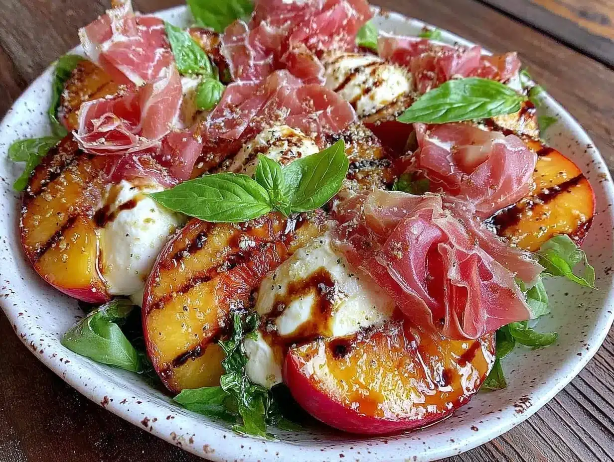 fresh grilled peach and burrata salad with prosciutto preparation steps