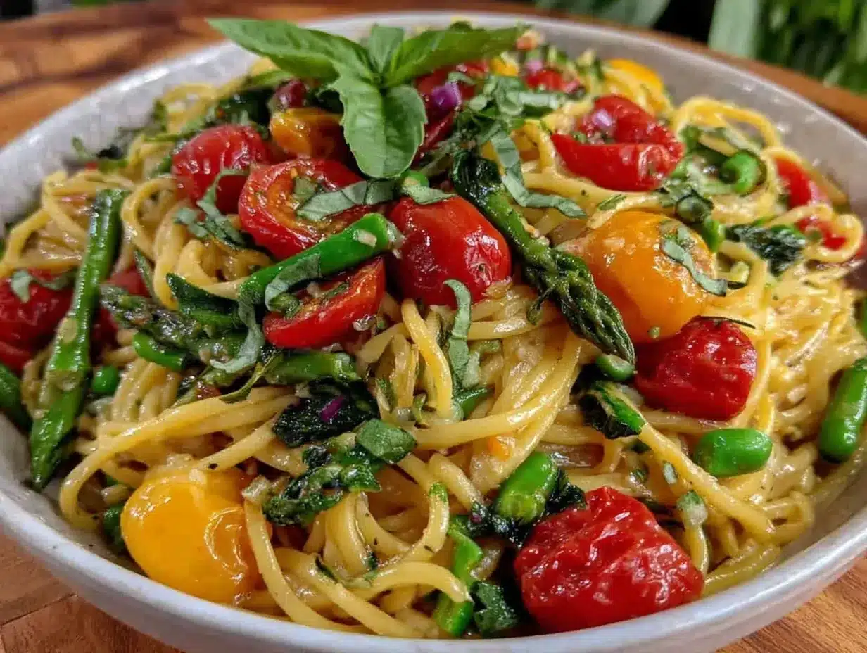 fresh spring pasta primavera with basil preparation steps