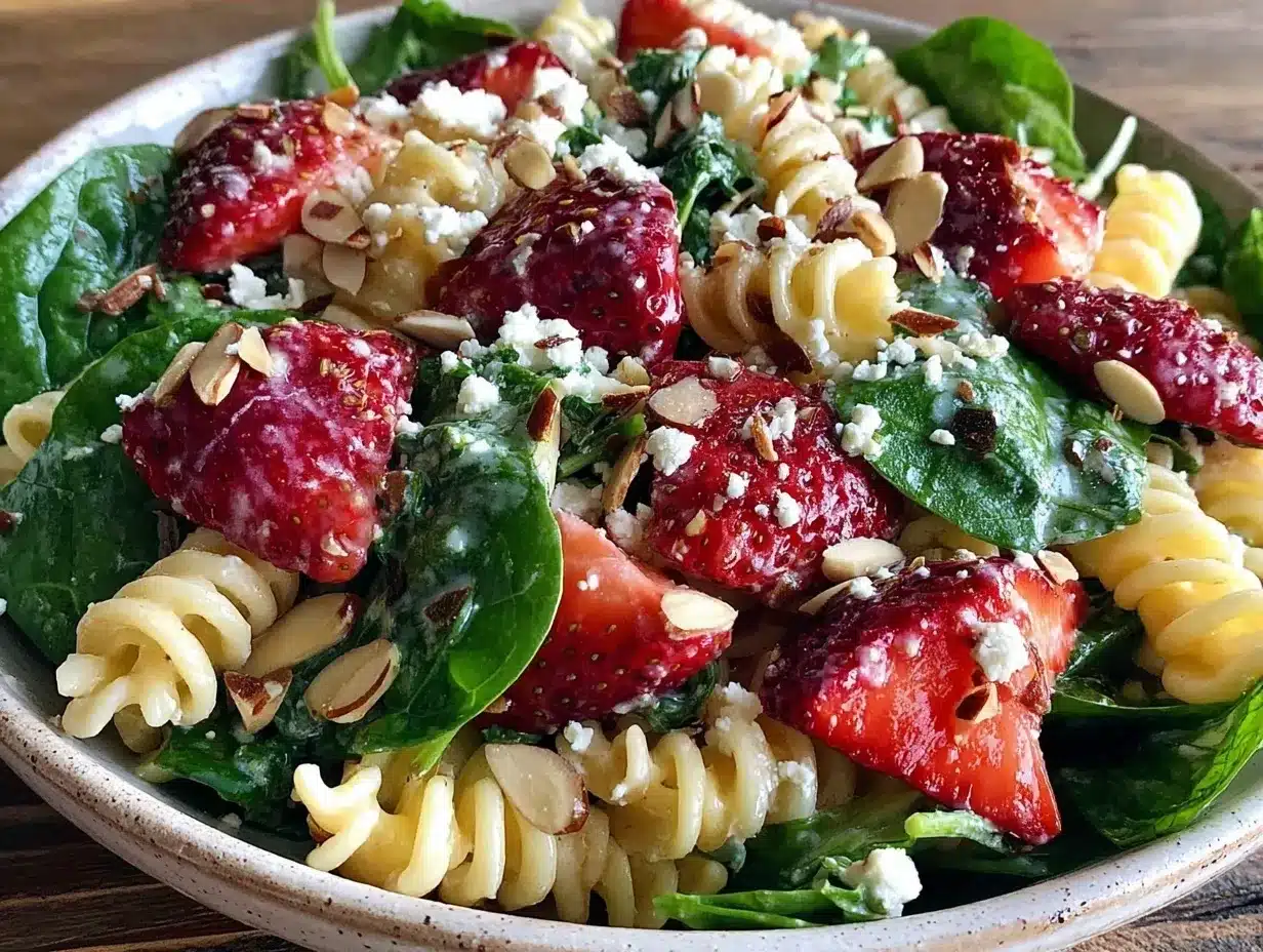 fresh strawberry spinach pasta salad preparation steps