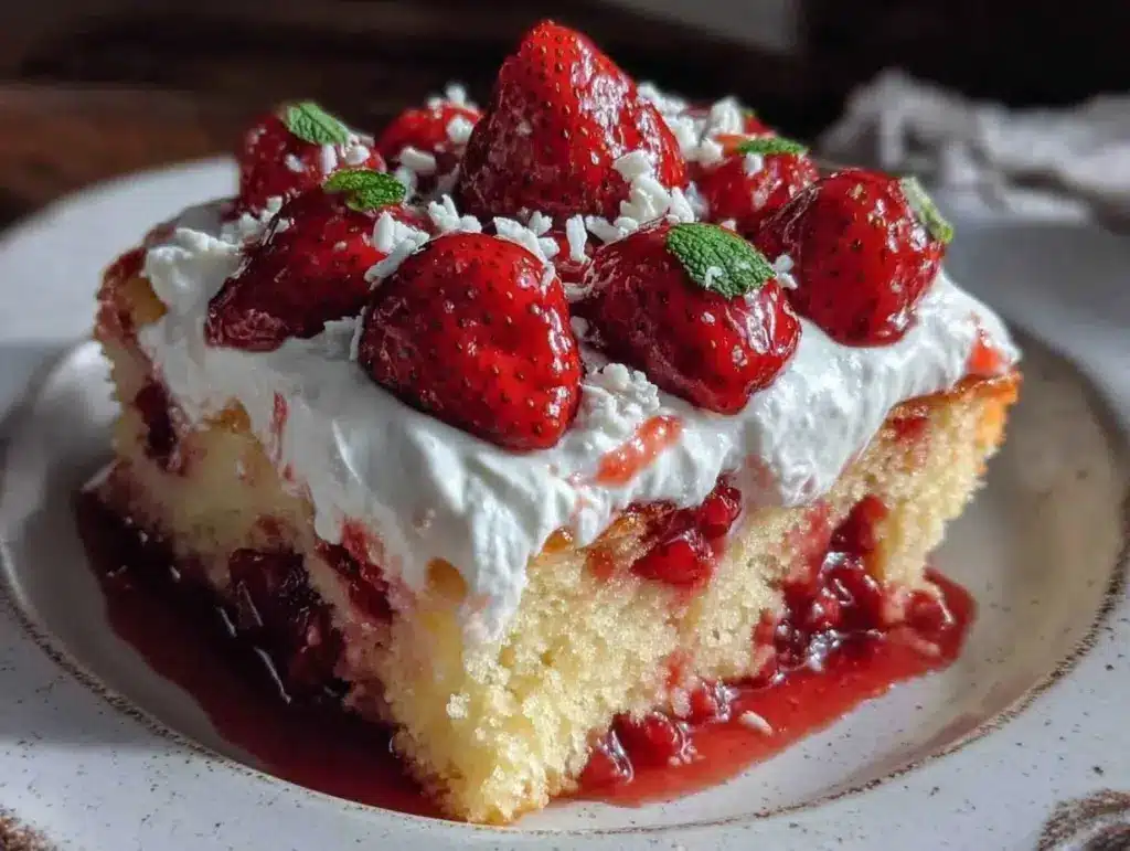 moist strawberry poke cake - featured image