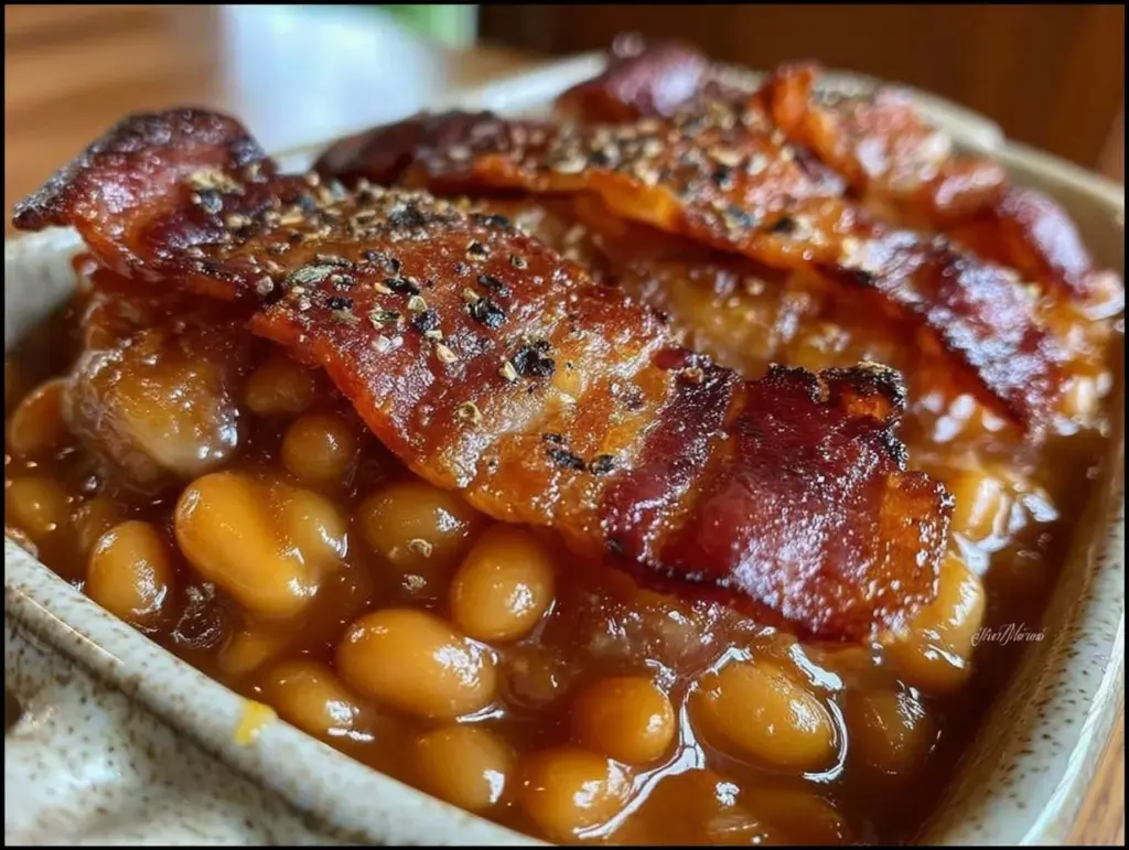 savory baked beans with crispy bacon - featured image