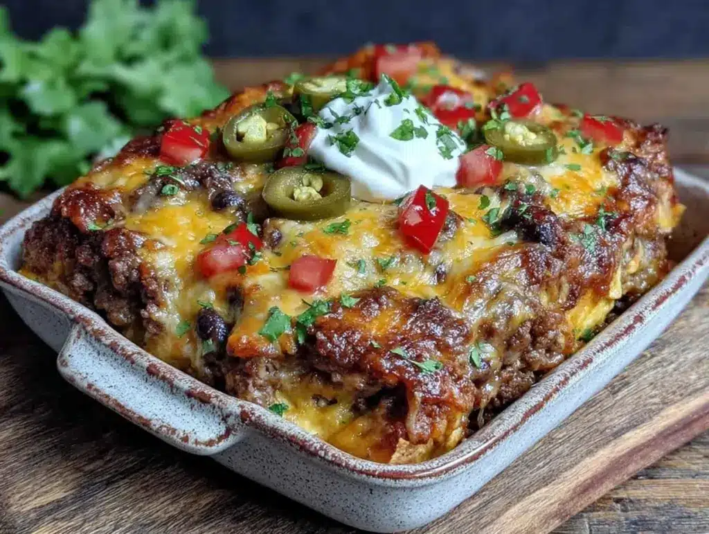 savory cheesy beef nachos casserole - featured image
