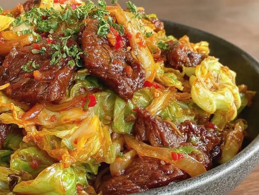 keto beef and crispy cabbage stir fry - featured image