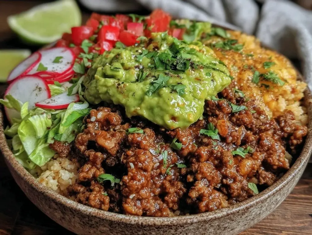 low-carb beef burrito bowl - featured image