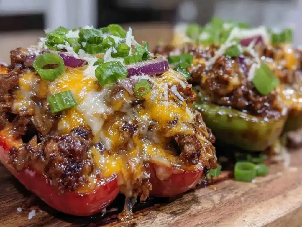 low-carb philly cheesesteak stuffed peppers - featured image