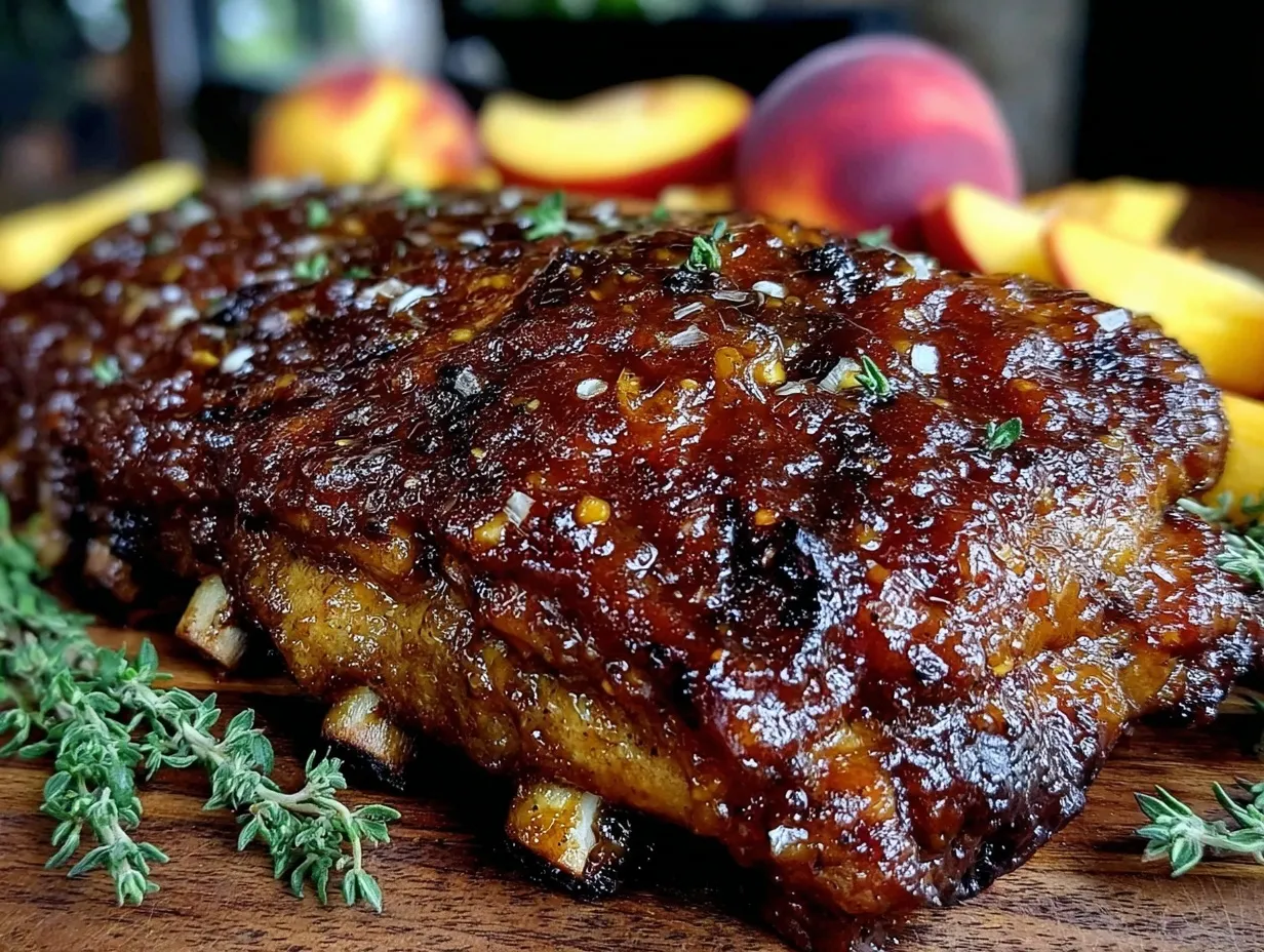 BBQ baby back ribs bourbon peach glaze preparation steps