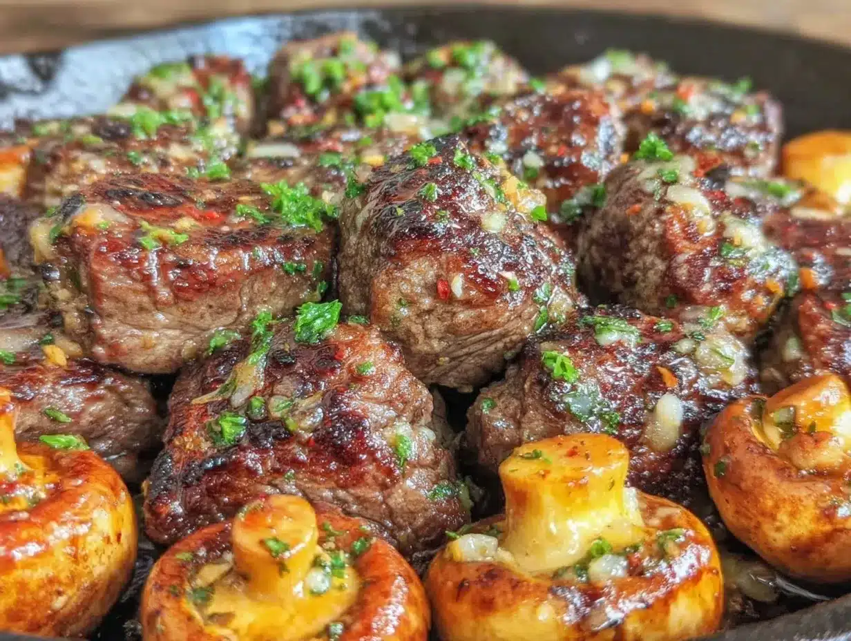 cast iron garlic butter steak bites preparation steps
