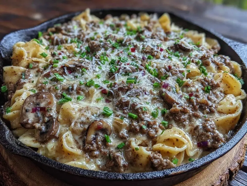 creamy one-pan ground beef stroganoff - featured image