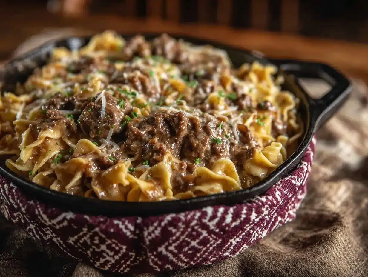 creamy one-pan ground beef stroganoff preparation steps