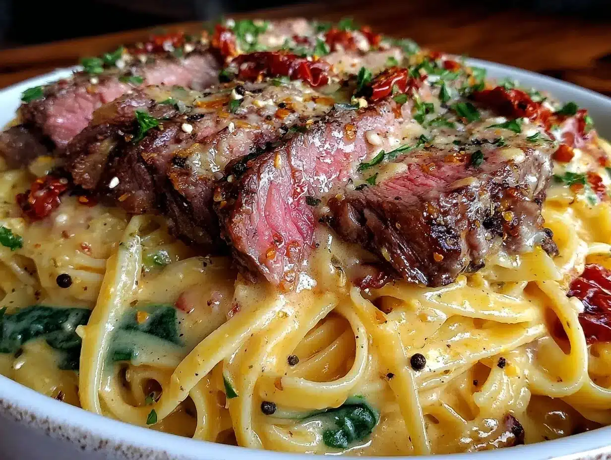 Creamy Tuscan Steak Pasta preparation steps