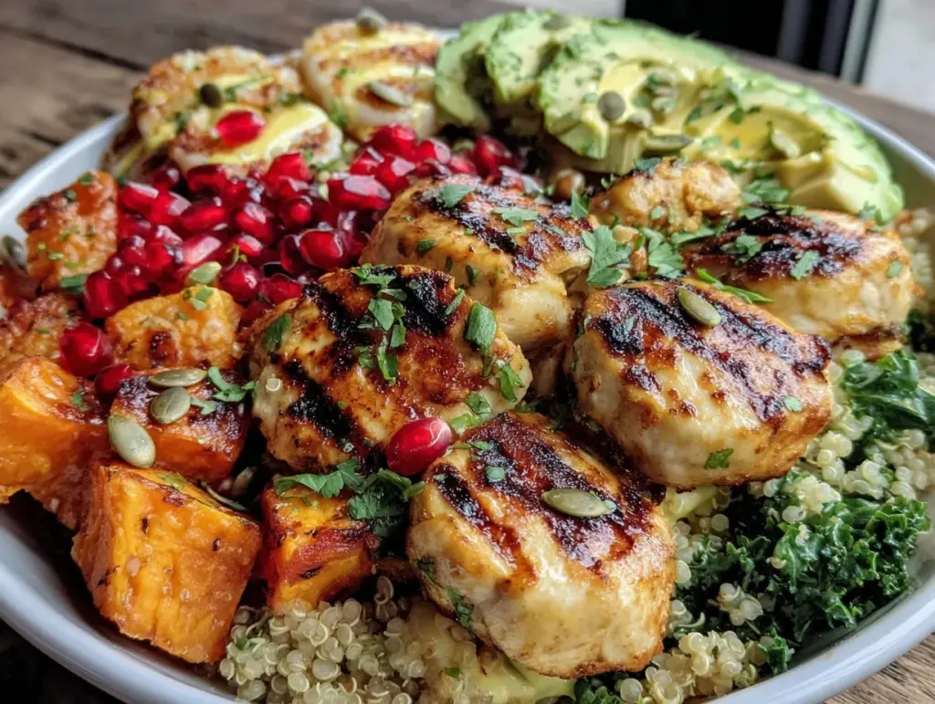healthy high-protein grilled chicken quinoa power bowl - featured image