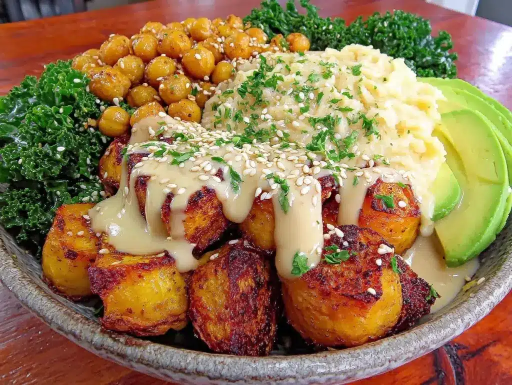 healthy roasted sweet potato buddha bowl - featured image