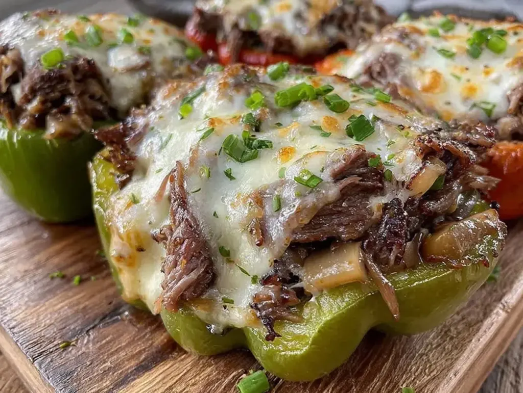 low carb philly cheesesteak stuffed peppers - featured image