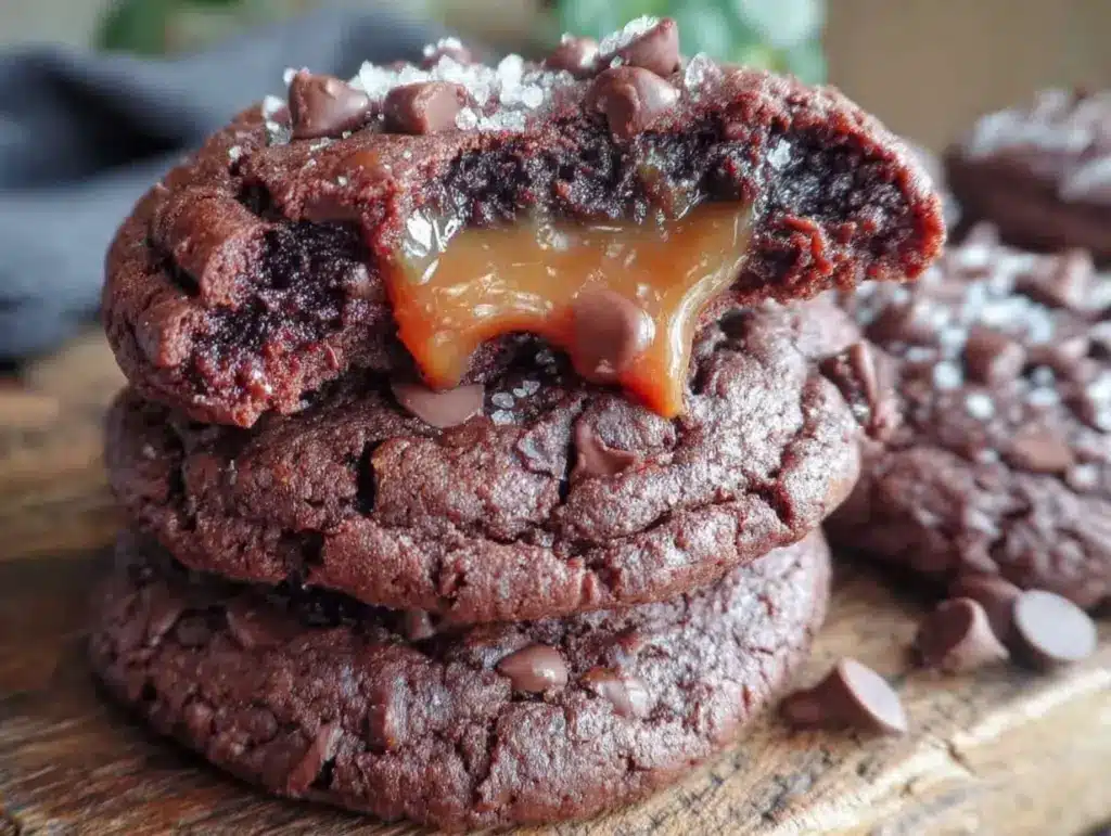 caramel-stuffed triple chocolate cookies - featured image