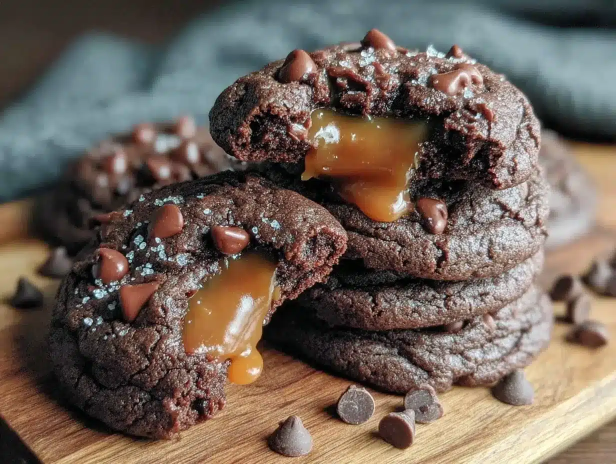 caramel-stuffed triple chocolate cookies preparation steps