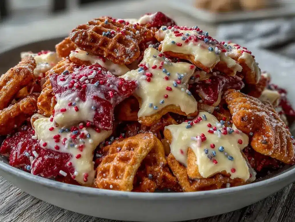 red white and blue frosted animal crackers party mix - featured image