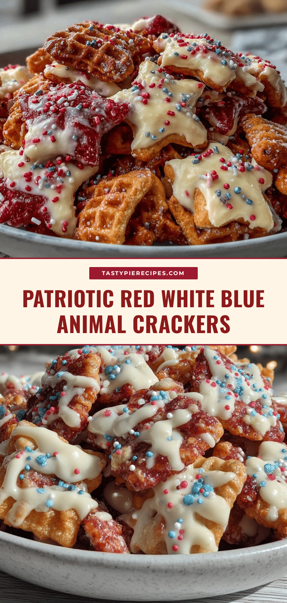 red white and blue frosted animal crackers party mix recipe