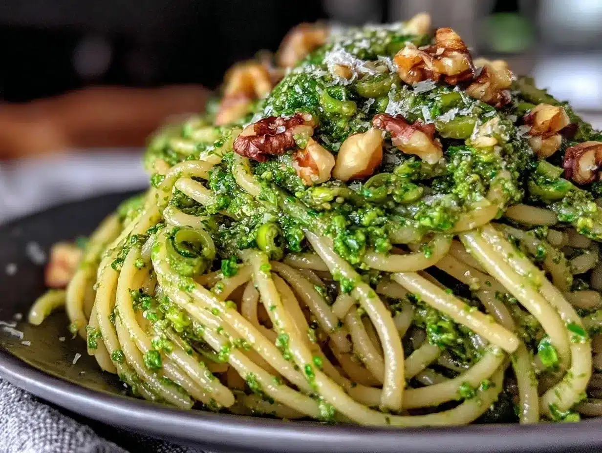 creamy garlic scape and walnut pesto pasta preparation steps