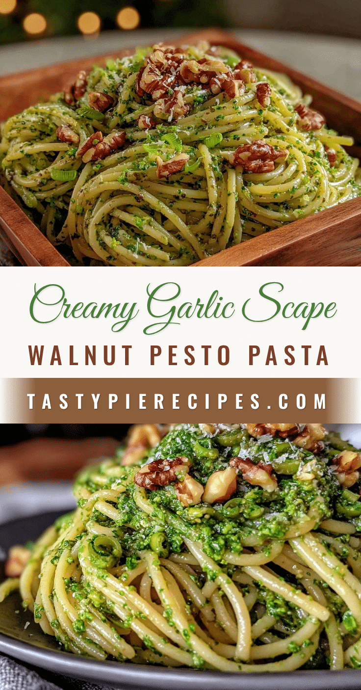 creamy garlic scape and walnut pesto pasta recipe