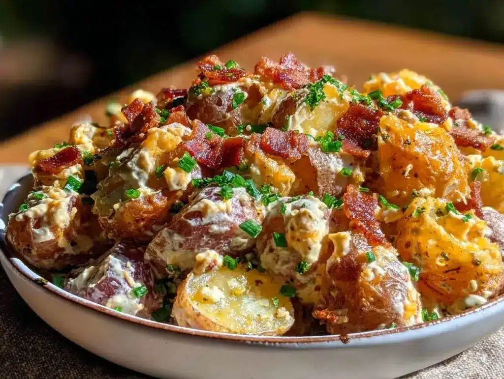 creamy honey mustard bacon potato salad - featured image