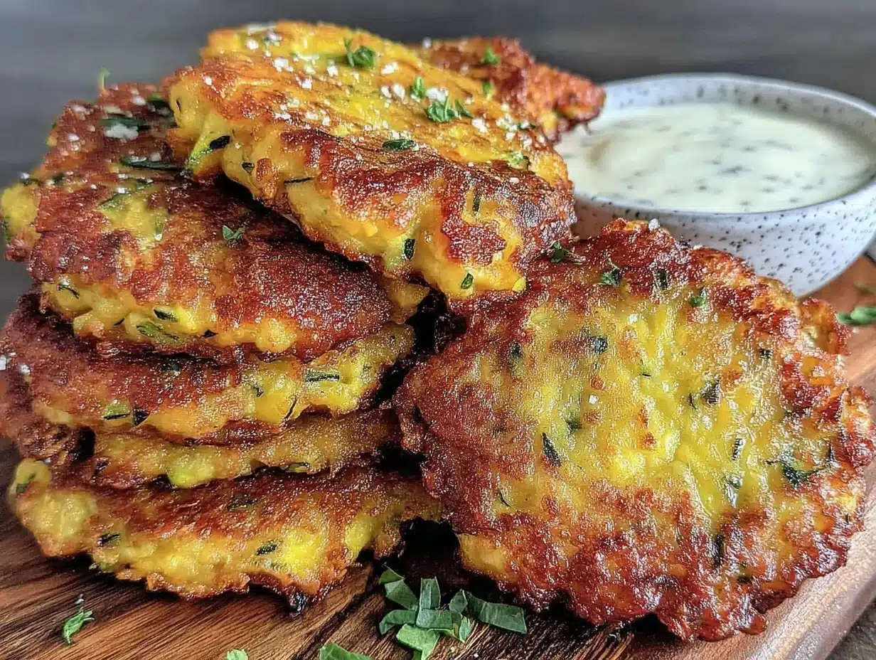 crispy cheesy zucchini fritters - featured image