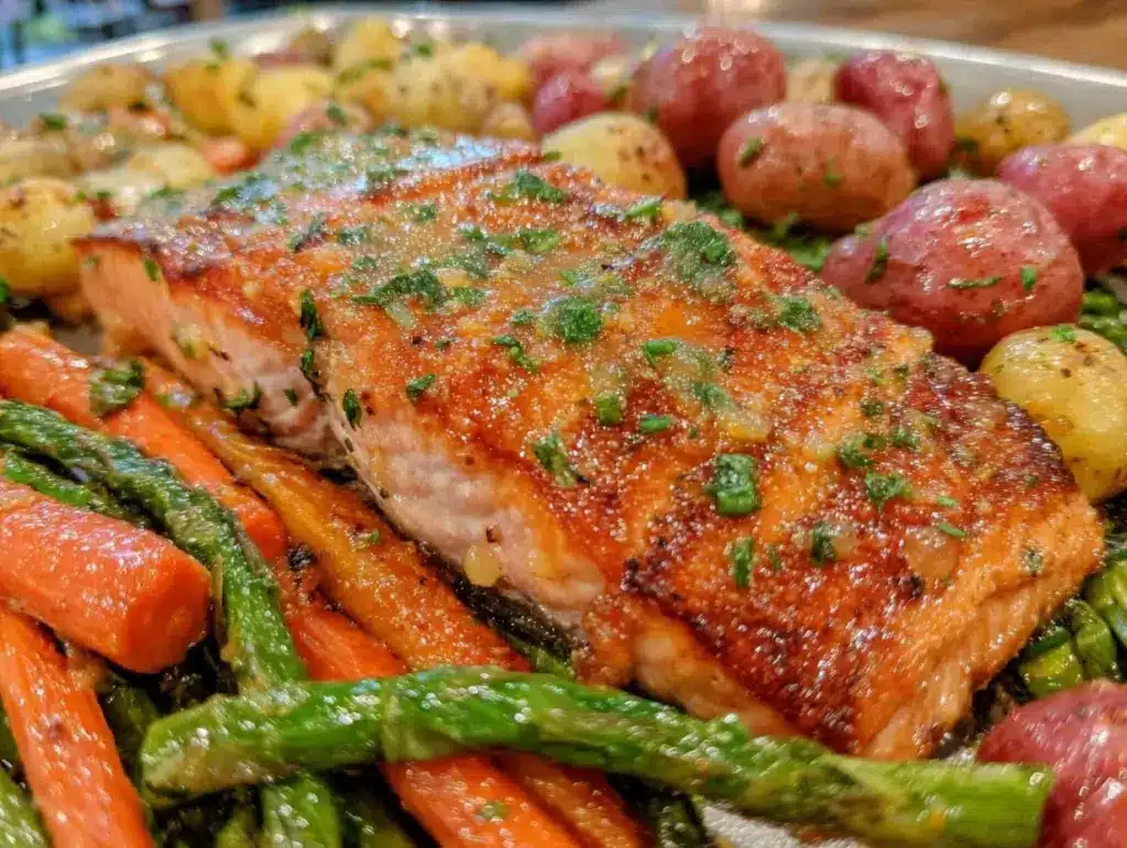 easy crispy sheet pan honey mustard salmon - featured image