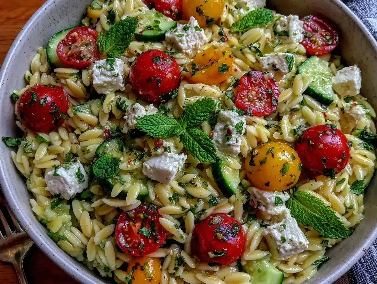 easy no-cook greek orzo pasta salad preparation steps